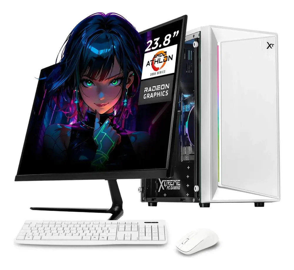 Computadora Escritorio Completa Xtreme PC Gaming AMD Radeon Vega 3 Athlon 3000G 16GB SSD 500GB Monitor 21.5 75Hz WIFI White rendimiento básico para juegos casuales, trabajo y estudio
