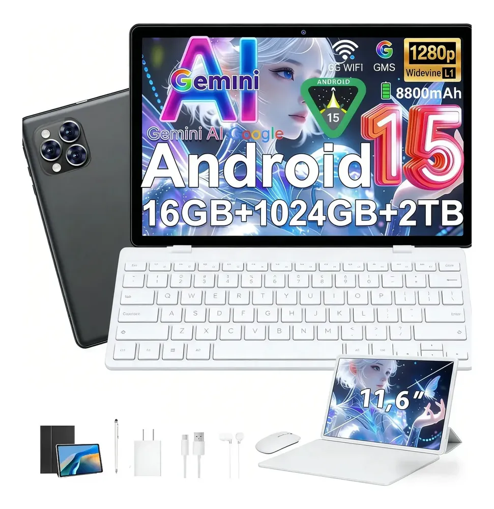 2026 Gemini AI Tablet xiao mini pad 7 Pro12 Android 15 1024gb+16gb Ram Bluetooth 5.0 Wifi 5 Dual Sim Con Funda Teclado Y Ratón Lápiz Óptico Auriculares Pantalla Hd Ips Color Gris Oscuro