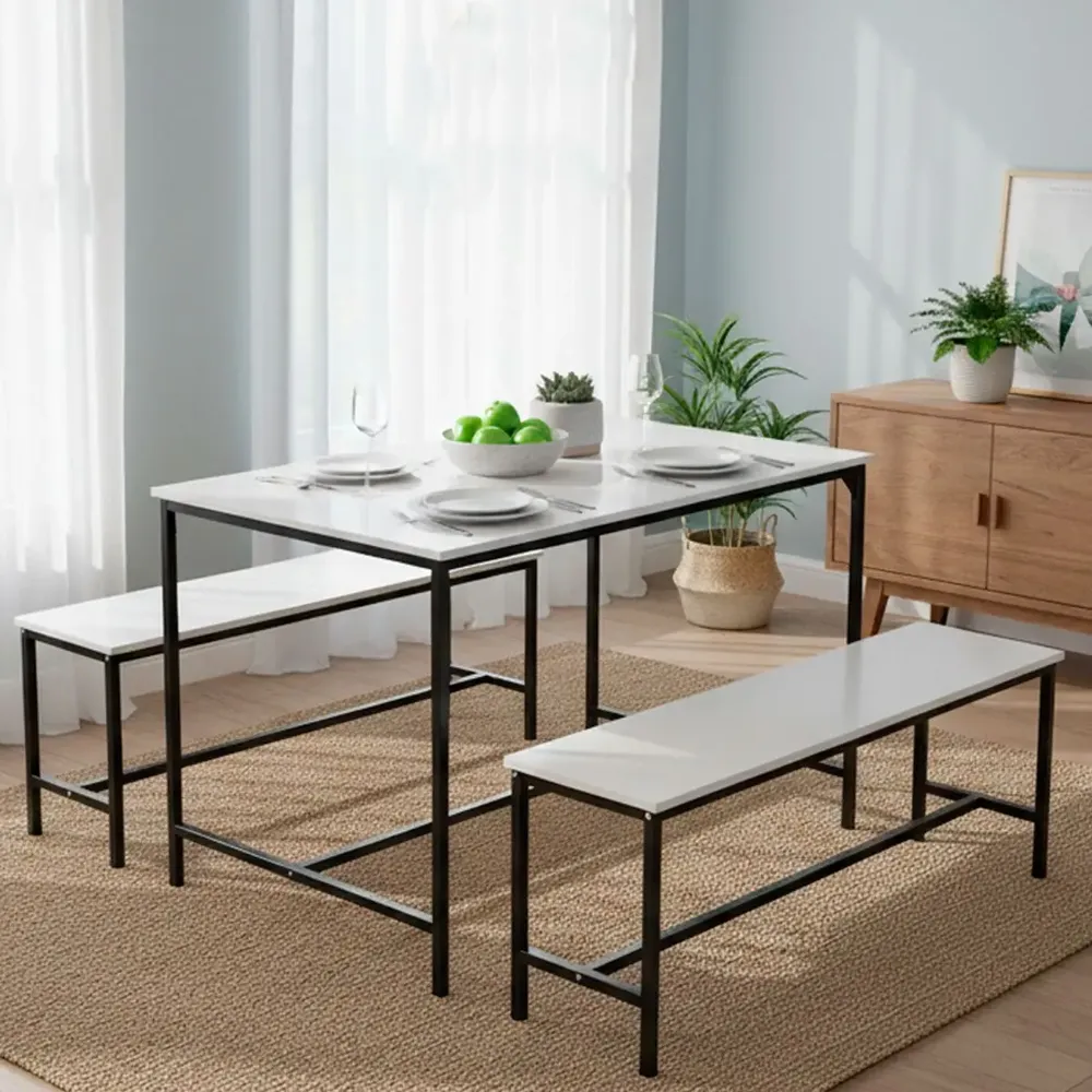 Juego Mesa Comedor Rectangular 110cm 2 Bancos Metal Madera