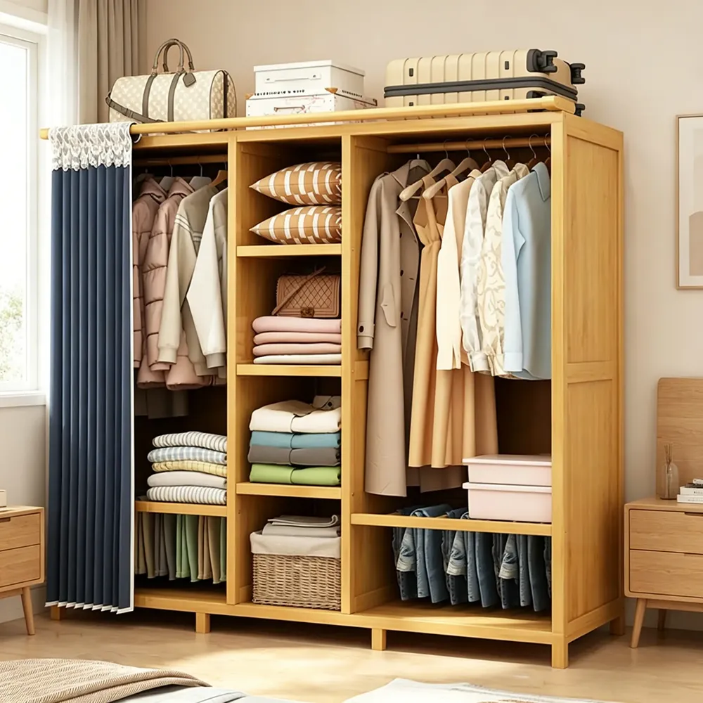 Closet Abierto De Madera Bambú Con Cortina Y Compartimentos
