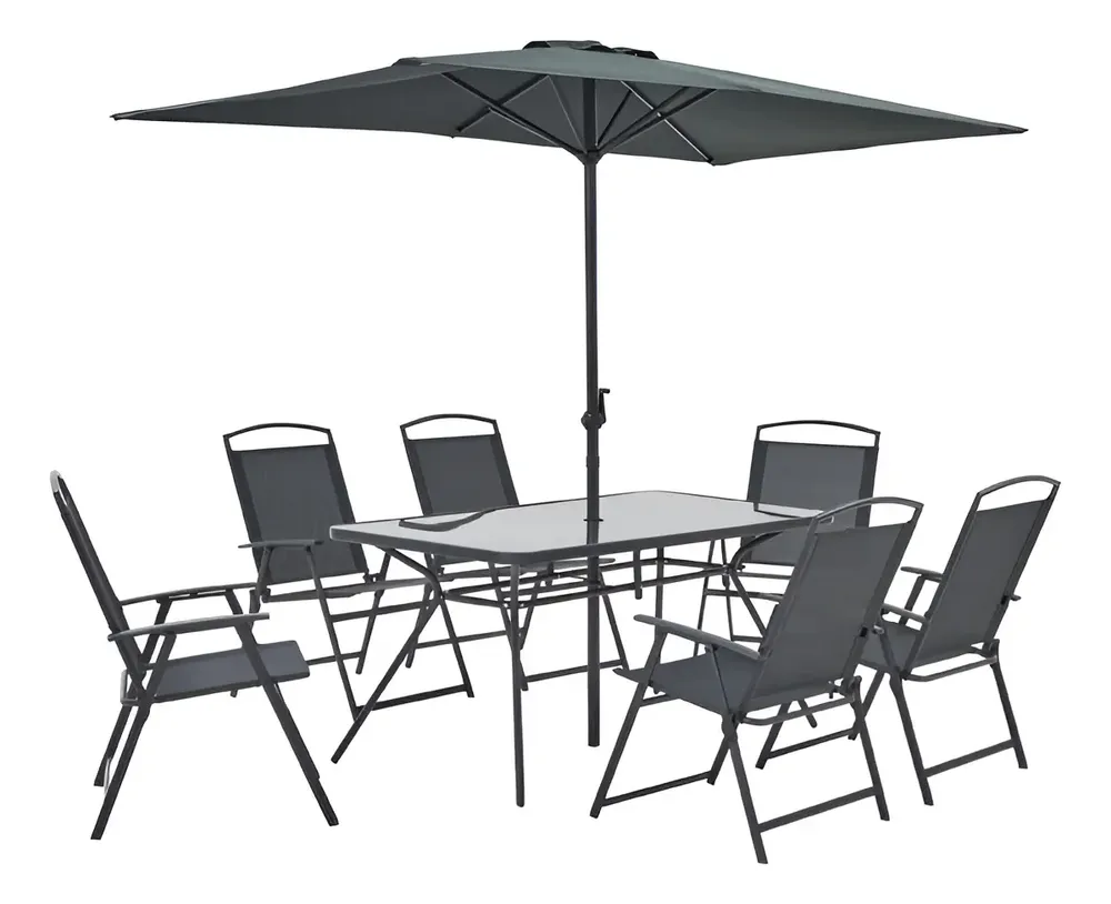 Naterial Set Comedor Para Jardín 6 Sillas 1 Mesa 1 Sombrilla Estructura Gris Oscuro