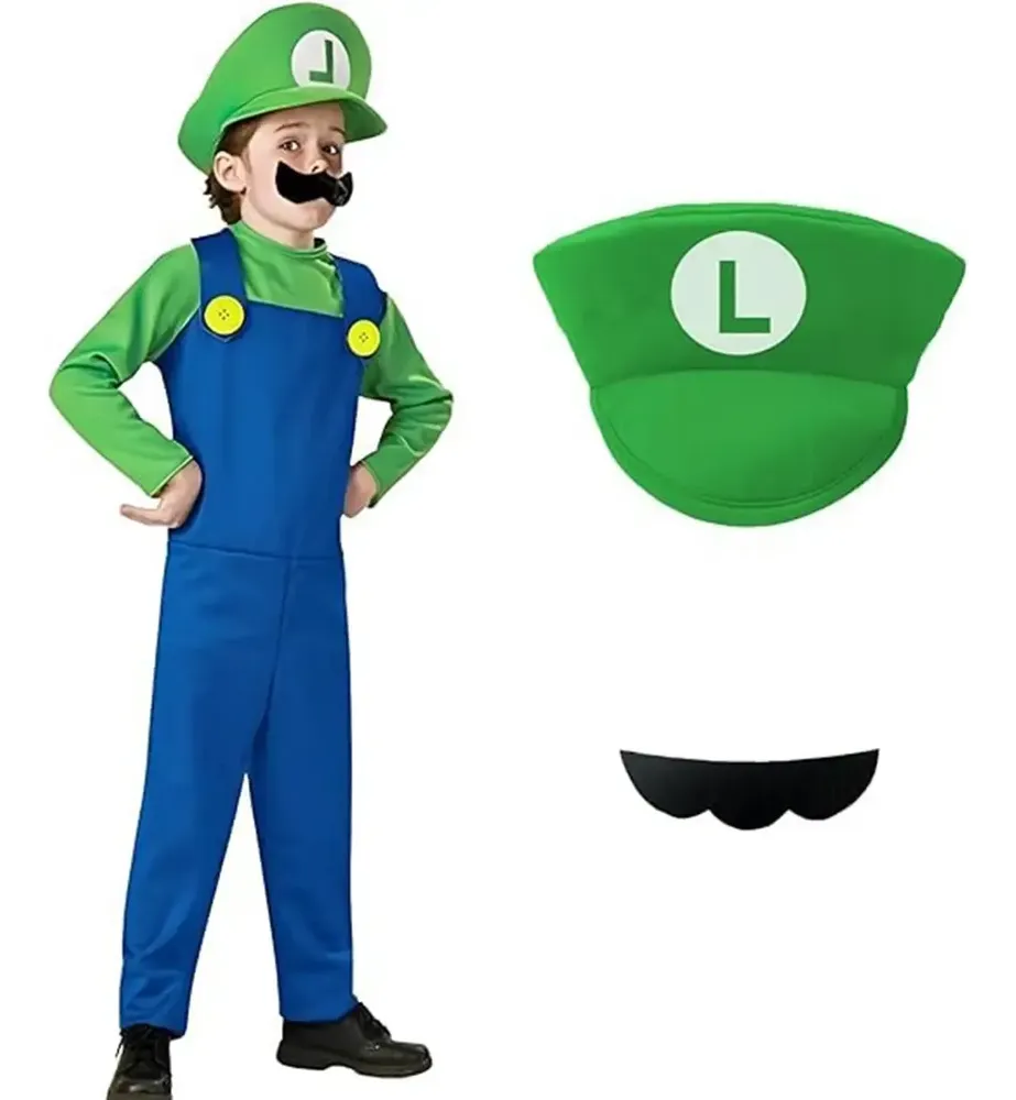 Disfraz Mario Luigi Nino Halloween Cosplay Infantil Set Completo Sombrero Bigote Guantes Traje Personaje Videojuego Fiesta Tematica Cumpleanos