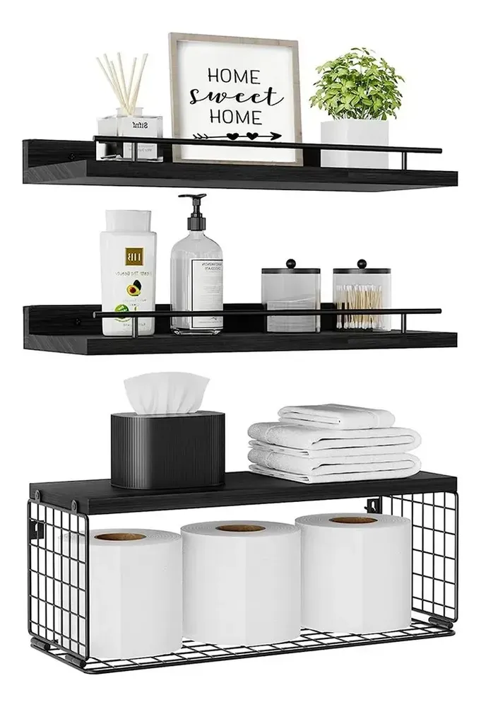 Banna 3 Repisa Flotante Estante Madera Para Dormitorio Baño 40*15cm Repisas Flotantes Estante De Madera Hogar Mueble Con Canasta Estantes Del Baño Bt4 Color Negro