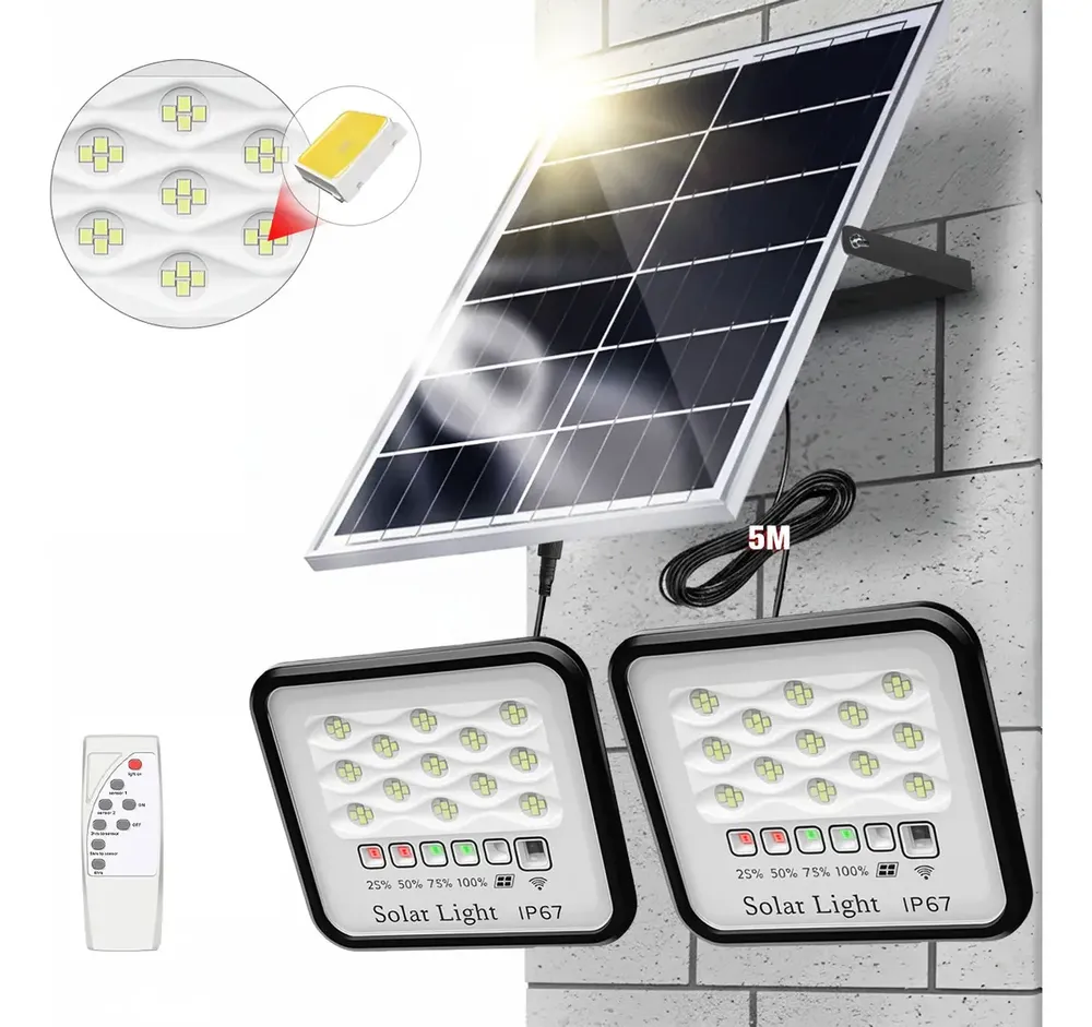 Lámpara Solar Exterior Reflectores Led Jardín Suburbana 2pz Con 2 Cables De 5m Y Control Remoto - Ip67 Impermeable, Panel De Alta Eficiencia, Kit Completo Para Uso En Interior\u002Fexterior