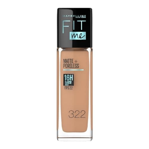 MAYBELLINE Base de Maquillaje Fit Me Matte + Poreless, Warm Honey 322, 30 ml, matifica y controla el brillo, se adapta al tono y la textura de la piel, tiene FPS 22, piel sin poros
