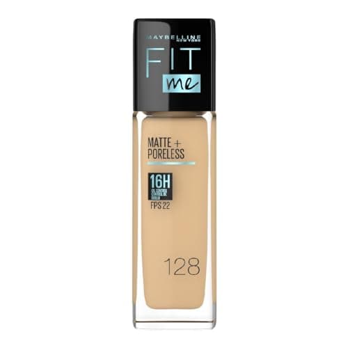 Maybelline Base de Maquillaje Líquida Fit Me Matte & Poreless, 128 Warm Nude, 30 ml, matifica y controla brillo por 16h, minimiza la apariencia de poros, arrugas y líneas de expresión