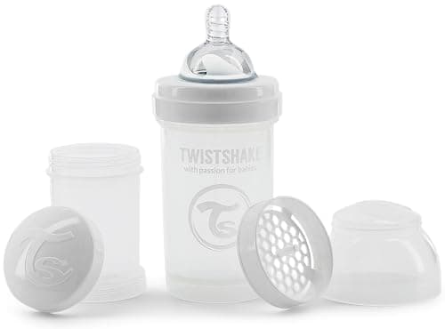 Twistshake Biberón Anticólicos de 180 ml | Tetina de Silicona Similar al Pecho | Mamila de Flujo Lento 0+ Meses | Hecho de Plástico Libre de BPA | Ideal para Lactancia Mixta | Piezas Intercambiables | Blanco