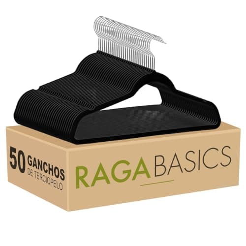 RagaBasics, Set de 50 Ganchos Metalicos Cubiertos con Terciopelo, Perchas de Alta Calidad, Gancho con Rotacion 360°, Ganchos Antideslizantes y Resistentes (Negro)