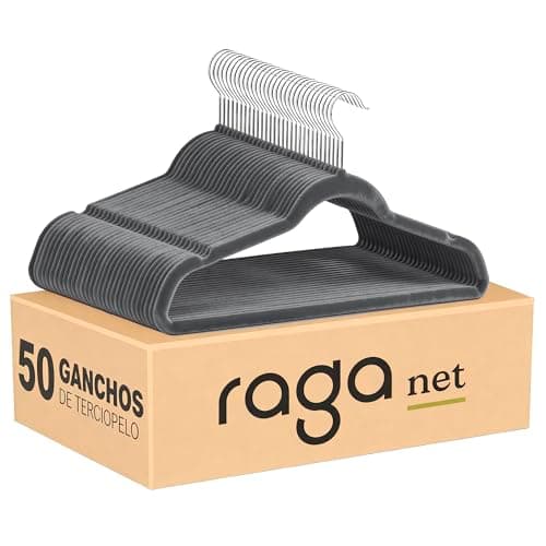 Raganet, Set de Ganchos Metalicos Cubiertos con Terciopelo, Perchas de Alta Calidad, Gancho con Rotacion 360°, Ganchos Antideslizantes y Resistentes (Gris, 50)