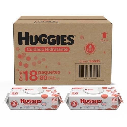 Huggies Cuidado Hidratante, Toallitas HĂșmedas para BebĂ©, Caja con 1,440 Piezas (18 paquetes de 80 toallitas c/u)