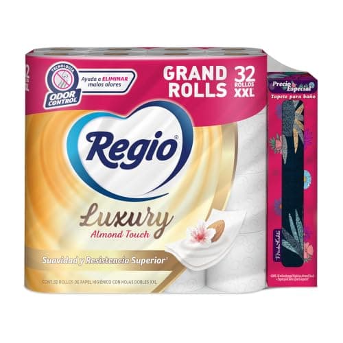 Regio Papel Higiénico Luxury Almond Touch, Ligero Aroma A Almendras Y Hojas Dobles, 32 Rollos + Increible tapete de Frida Kahlo.