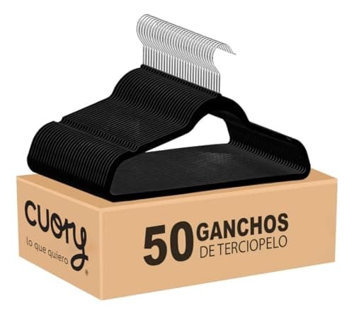 CUORY Set De 50 Ganchos para Ropa Terciopelo Metal Antideslizantes Premium Sólid | Ligero Resistente y Duradera | para Estándar Chaqueta Pantalones Perchas para Hogar para Adultos (Negro)