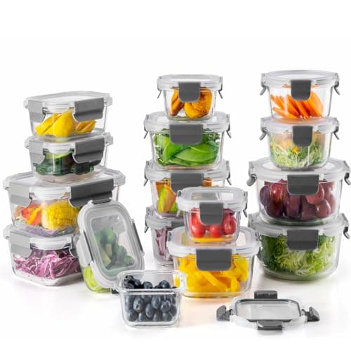 EasyWare - Juego de 32 Piezas - 16 RECIPIENTES de VIDRIO GRUESO para alimentos I CONTENEDORES HERMÉTICOS I A prueba de fugas I BPA FREE I Cierra Fácil I Cocina, Refrigerador, Congelador, Hornos