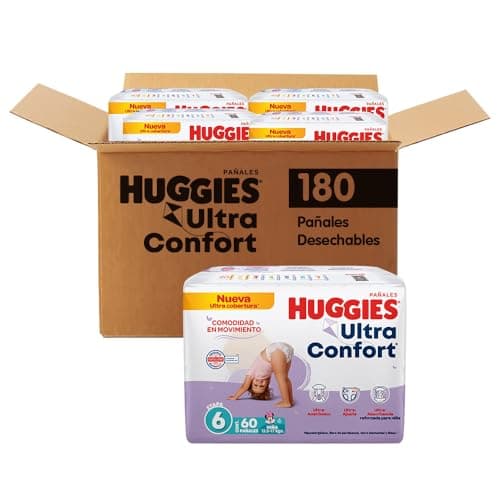 HUGGIES UltraConfort Pañal Desechable para Bebé, Etapa 6, Niña, Caja con 180 Piezas, Ideal para Bebés de 7 a 10 kg