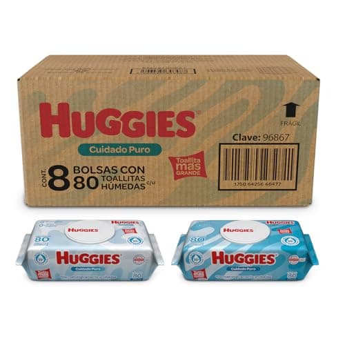 Huggies Cuidado Puro Toallas HĂșmedas para BebĂ©, Caja con 640 Piezas (8 paquetes de 80 toallitas c/u)