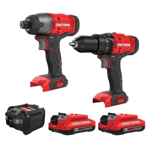 CRAFTSMAN Kit Taladro Inalámbrico y Atornillador de Impacto, 20V, Incluye 2 Baterías y Bolsa de Herramientas, CMCK200C2