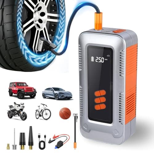 JUOPLD Arrancador de Batería de Coche, Cargador de Batería de Auto y Jump Starter Carro De 12 V con Compresor de Aire 150PSI, Incluye Luz Led Y Todos Los Accesorios